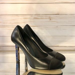 New Chanel Black Grosgrain And Satin CC Metal Ruler Heel Pumps